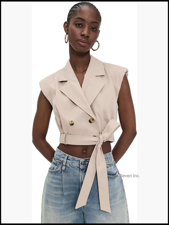 Jackets & Blazers - Double-Breasted Sleeveless Vest with Tie Belt and Padded Shoulders